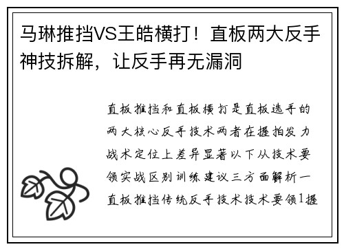 马琳推挡VS王皓横打！直板两大反手神技拆解，让反手再无漏洞